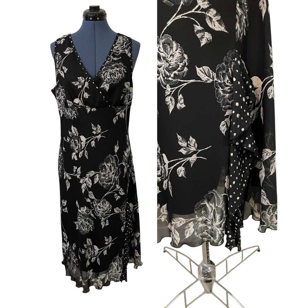 Vtg I.N. Studio Black Floral Ruffle Asymm Maxi Dress Dark Cottage Whimsigoth 14